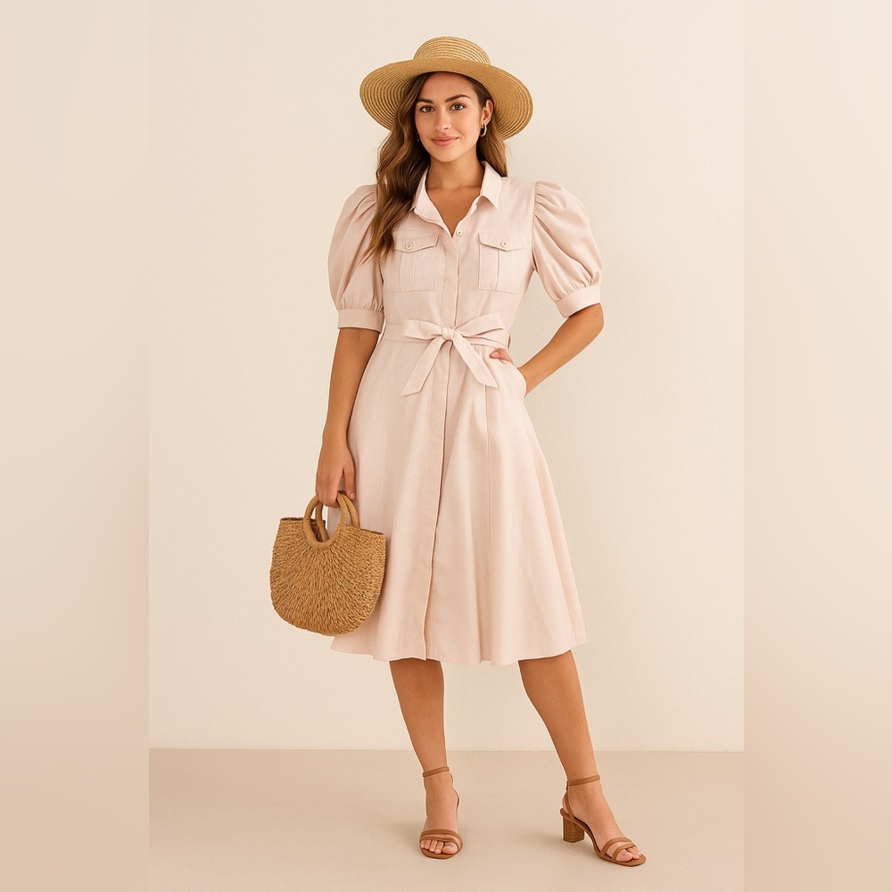 🔥 Closet Sale! Calvin Klein Pink A-Line Midi Dress with Notched Collar
